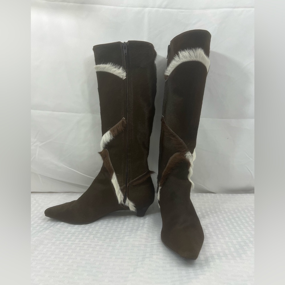 7823: Salvatore Ferragamo Calf Hair Leather Knee Boots Brown 6.5